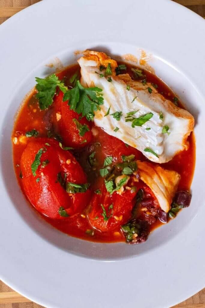 top shot of instant pot cod with puttanesca sauce