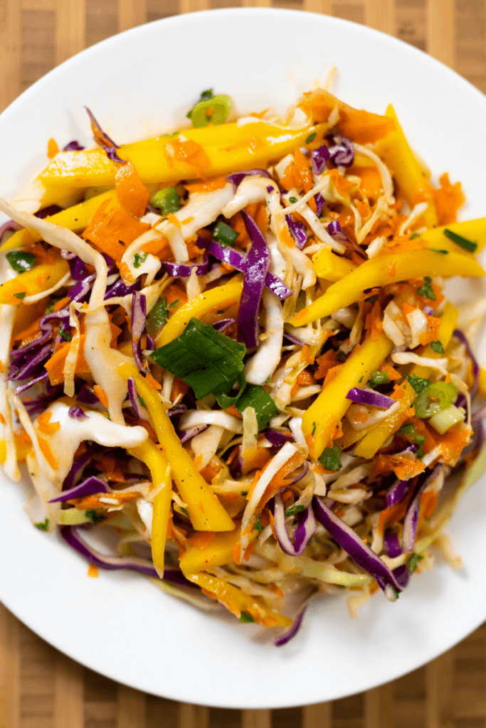 top view of a plate of tropical coleslaw