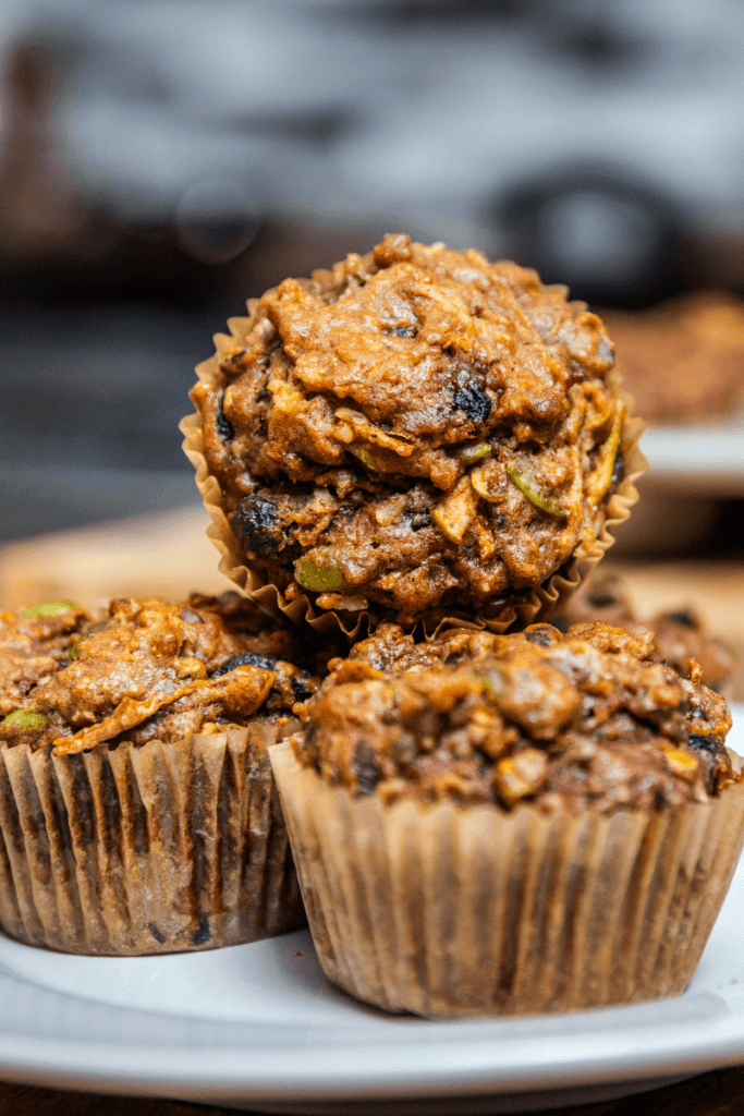 A stack of homemade morning glory muffins. 
