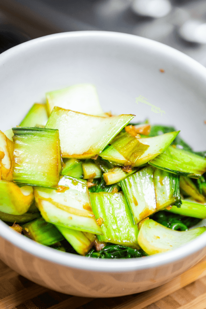 A bowl of easy homemade braised bok choy. 