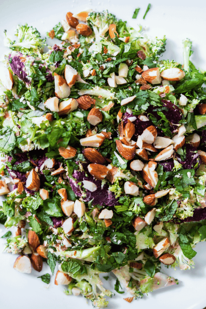 Top view of fresh beet and broccoli salad.